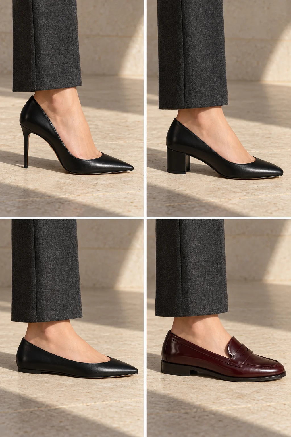 Four work-shoe styling studies: a pointed pump, low block heel, pointed flat and oxblood loafer with charcoal trousers.